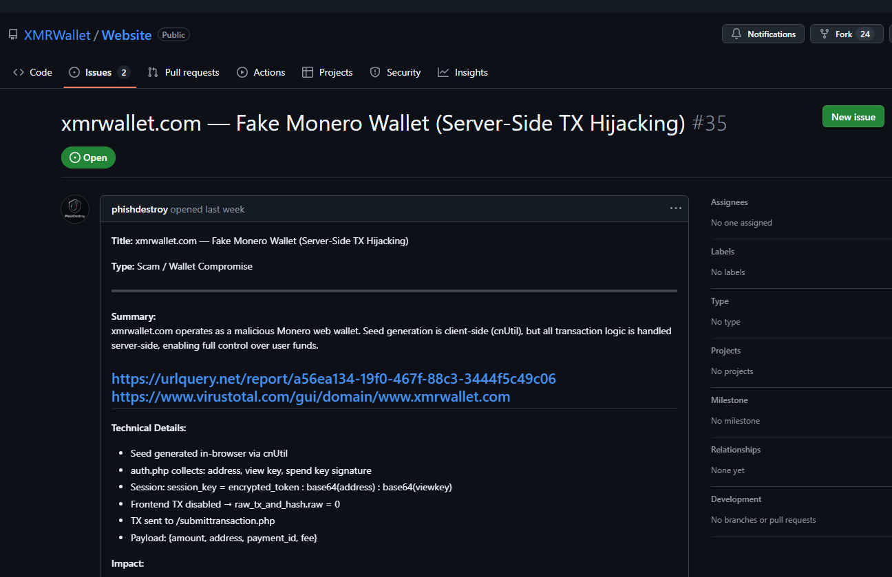 VirusTotal 6/93 detections — www.xmrwallet.com